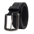 Black leather belt with a silver buckle on a white background