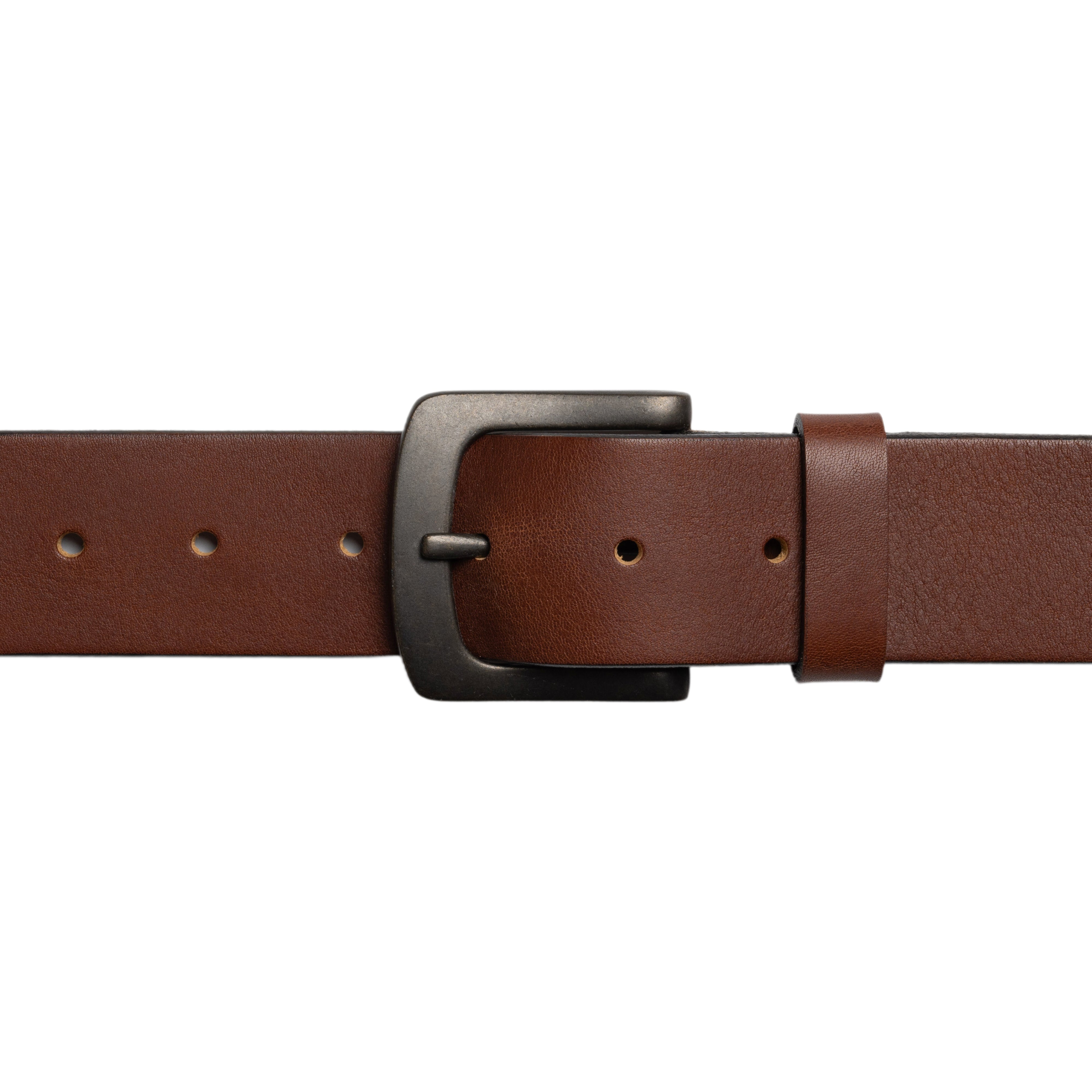 Brown leather belt with a black buckle on a white background