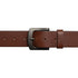 Brown leather belt with a black buckle on a white background