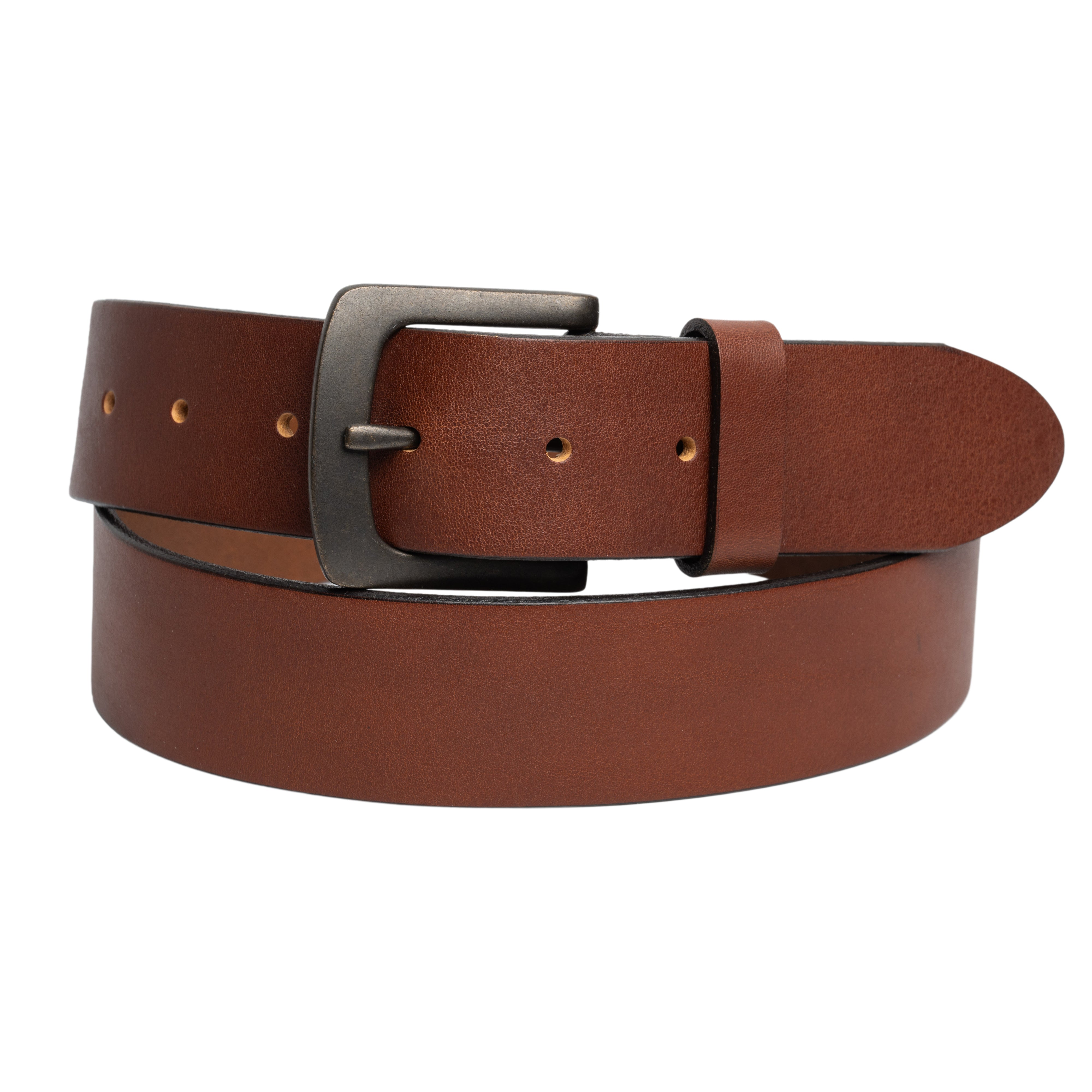 Brown leather belt with a silver buckle on a white background