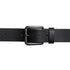 Black leather belt with a silver buckle on a white background