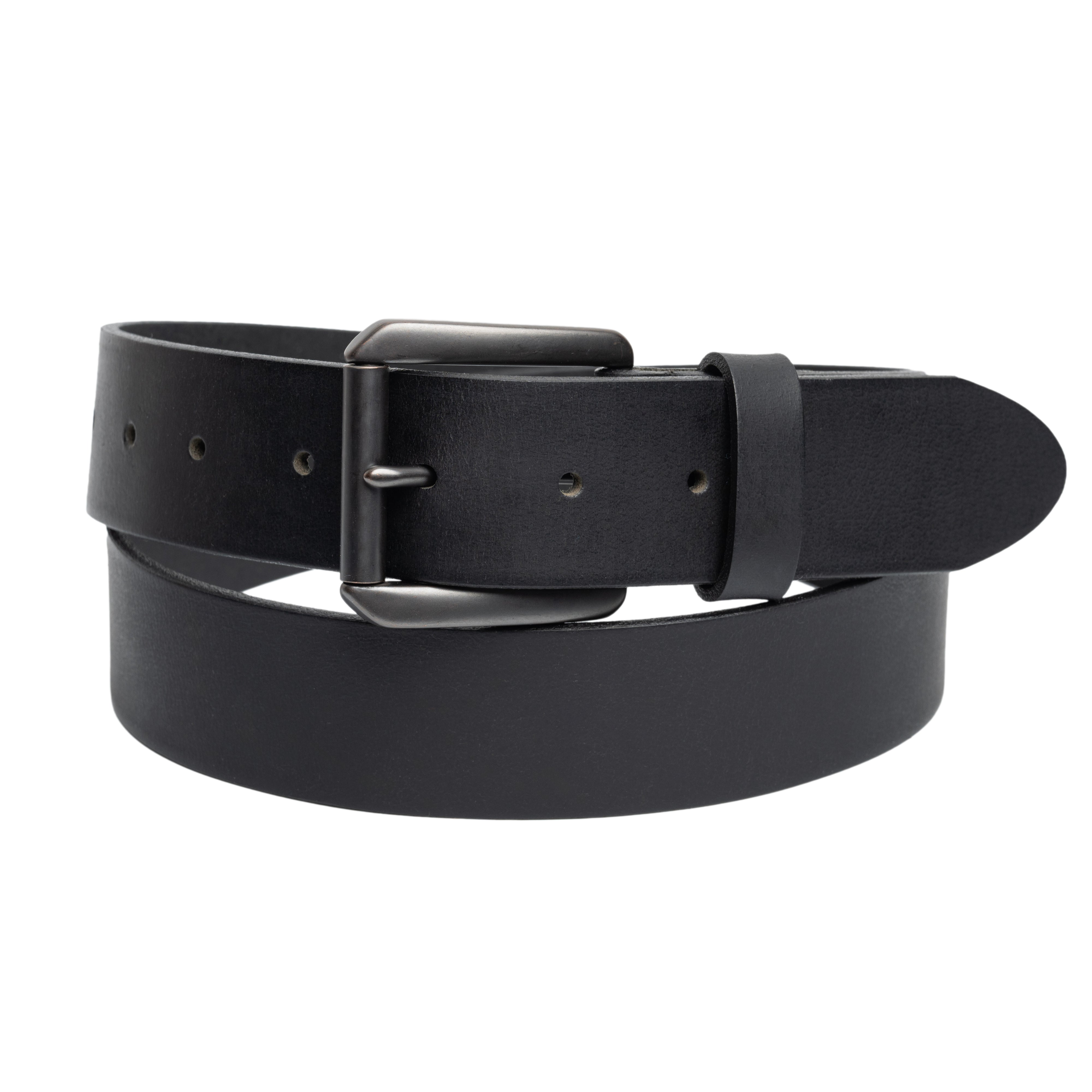 Black leather belt with a silver buckle on a white background