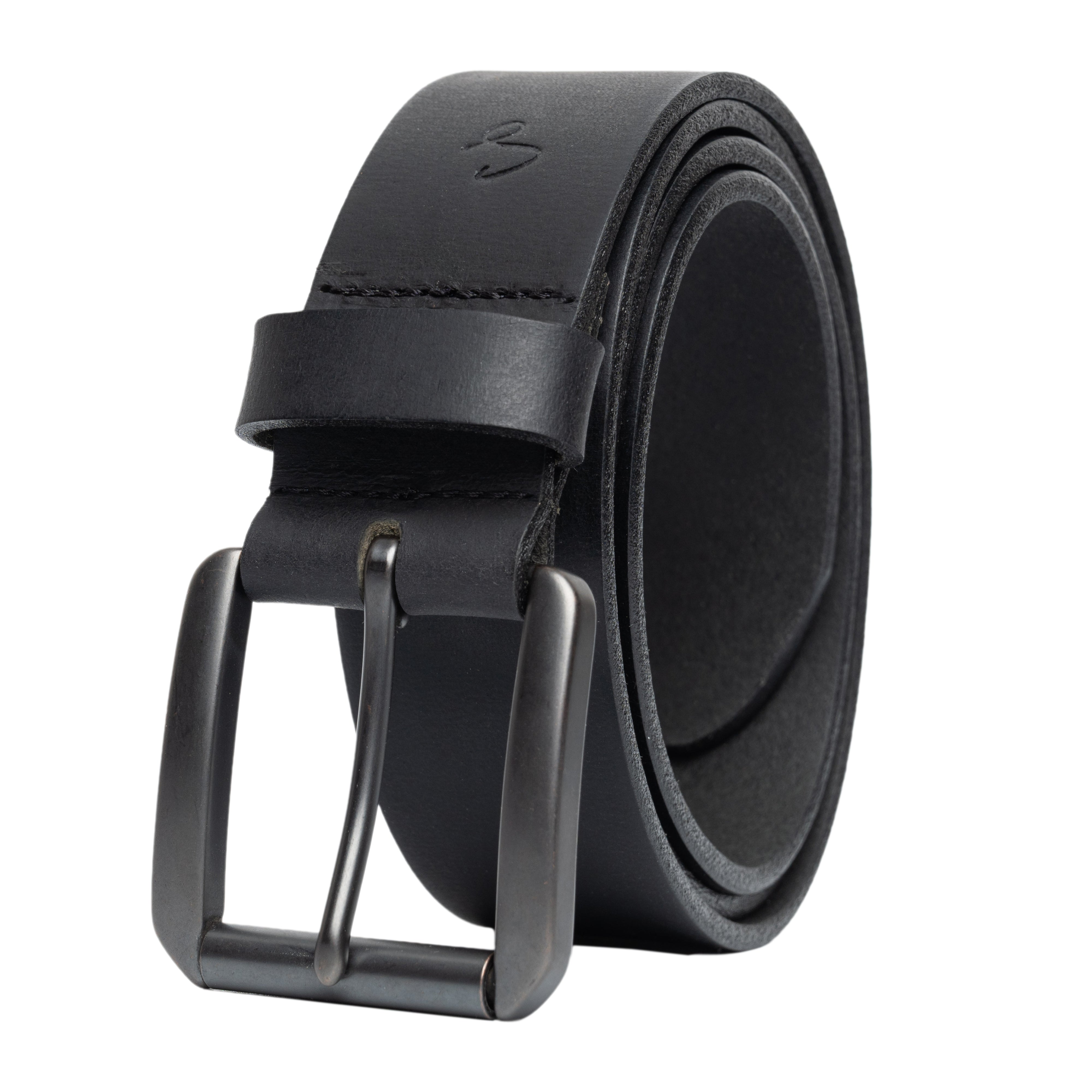 Black leather belt with silver buckle on a white background