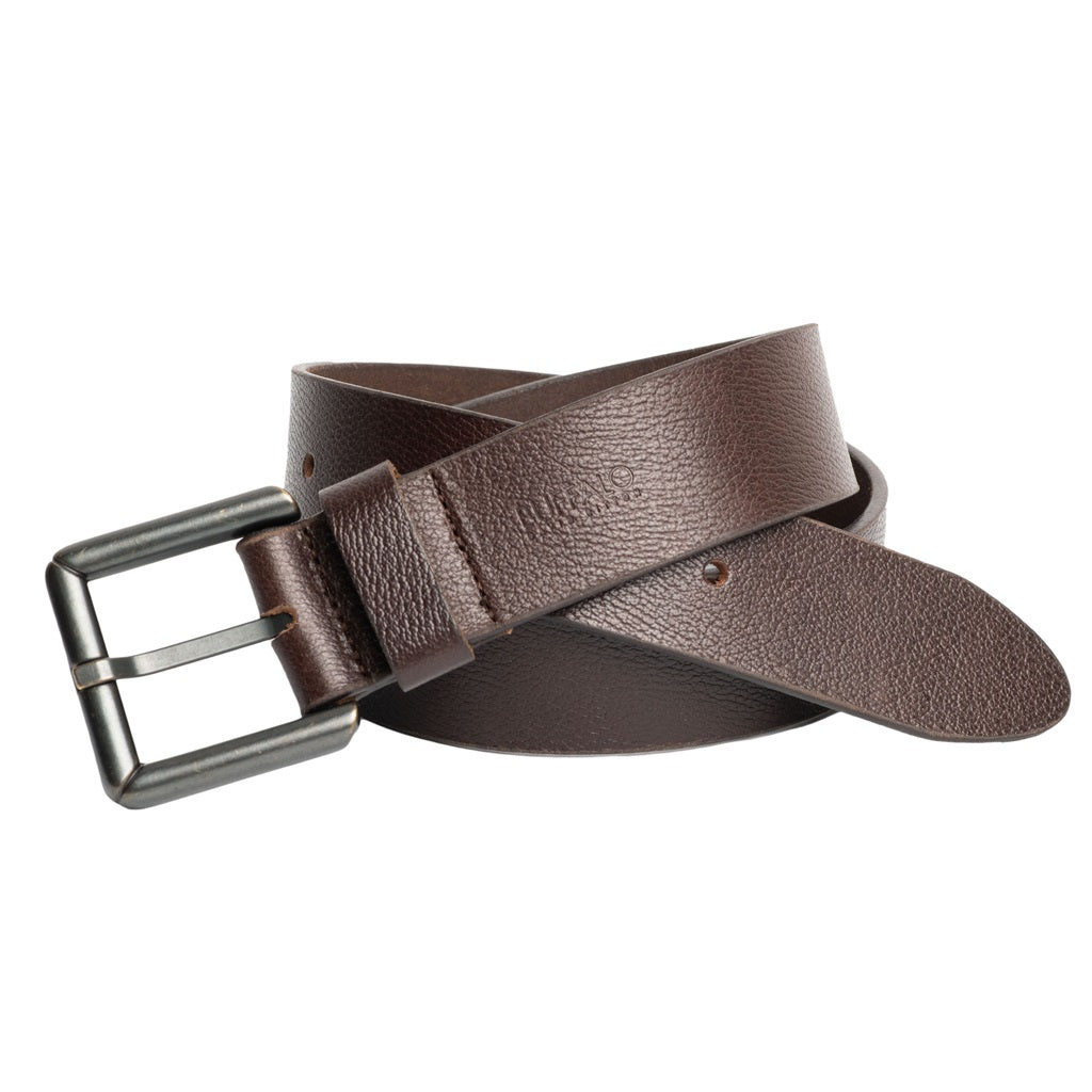 Brown leather belt with a silver buckle on a white background