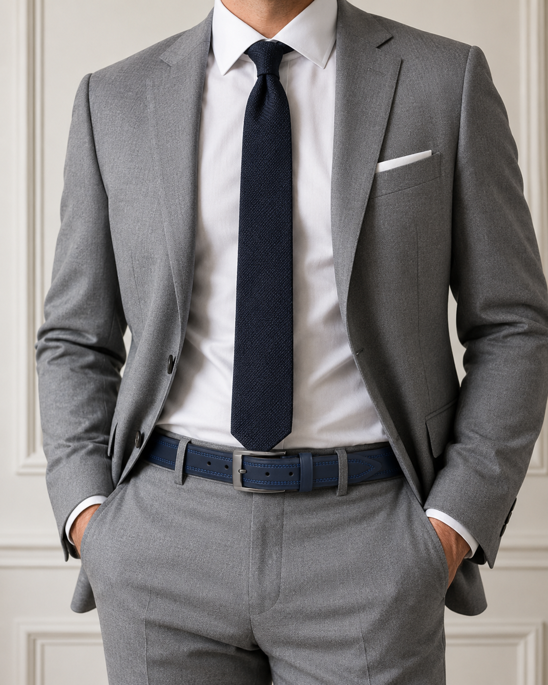 Style 10235 - Ceinture habillée en cuir à coutures doubles incrustées de 35 mm pour hommes