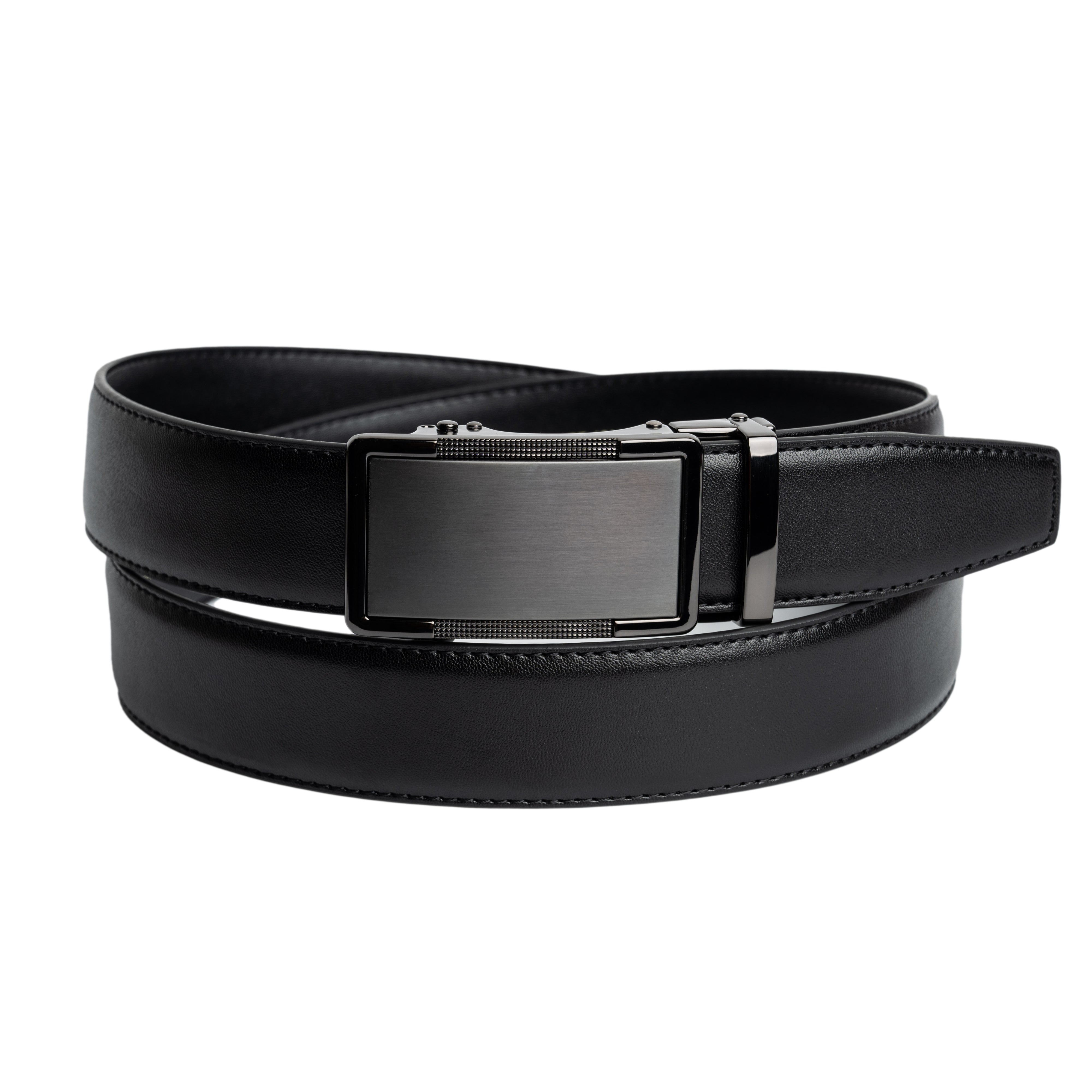 Black leather belt with a silver buckle on a white background
