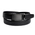 Black leather belt with a silver buckle on a white background