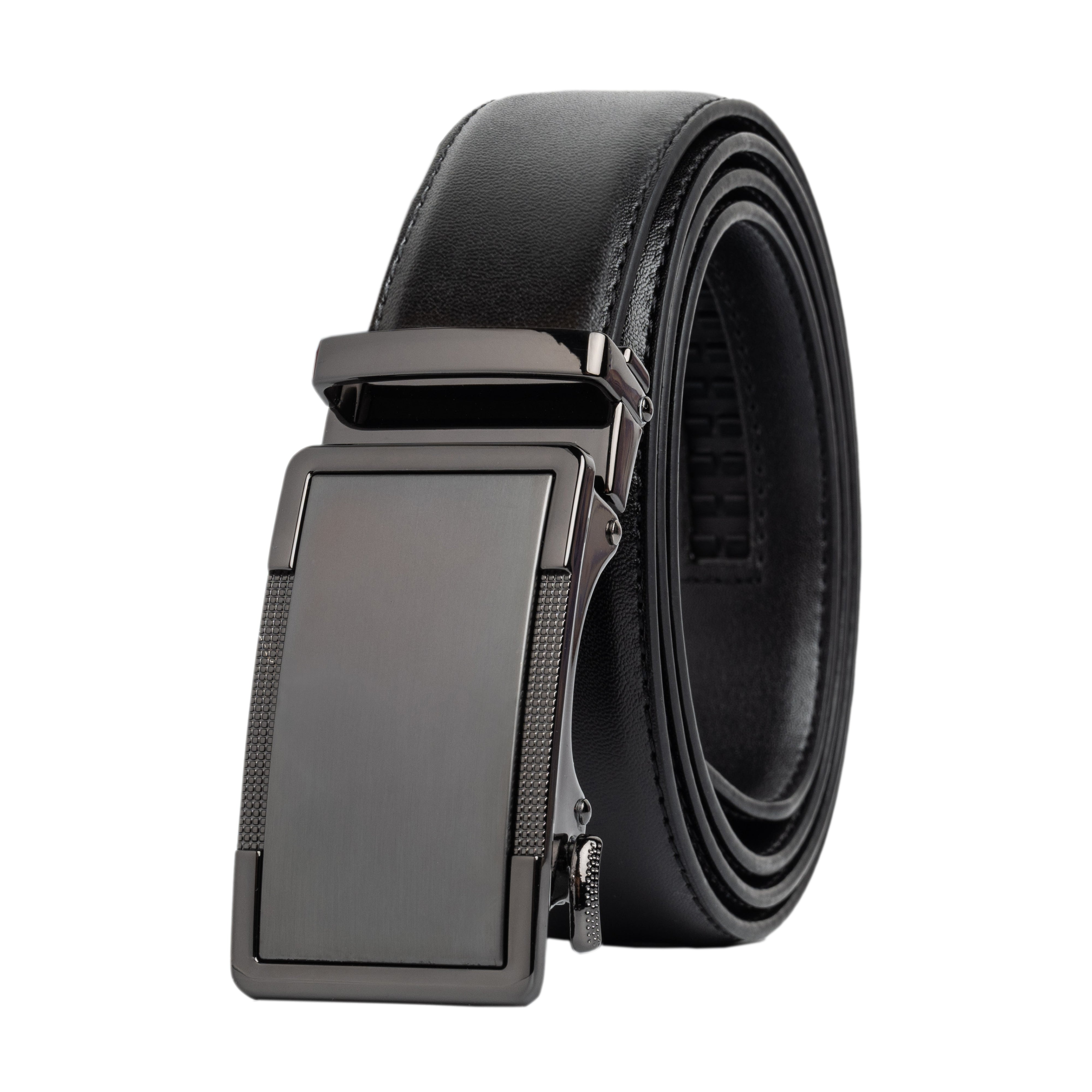 Black leather belt with a black buckle on a white background