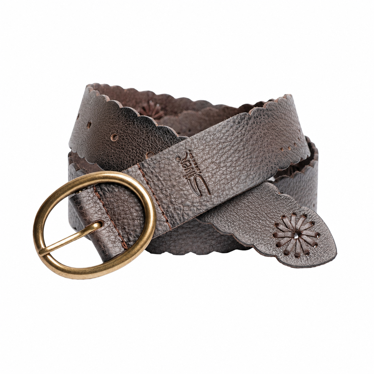 Silver Jeans Co. 35mm Genuine Leather Belt in Dark Brown leather with centre bar buckle and scalloped edge