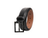 A black leather belt with a black metal buckle, rolled up to show the tan interior and an embossed logo on the strap, set against a plain white background.