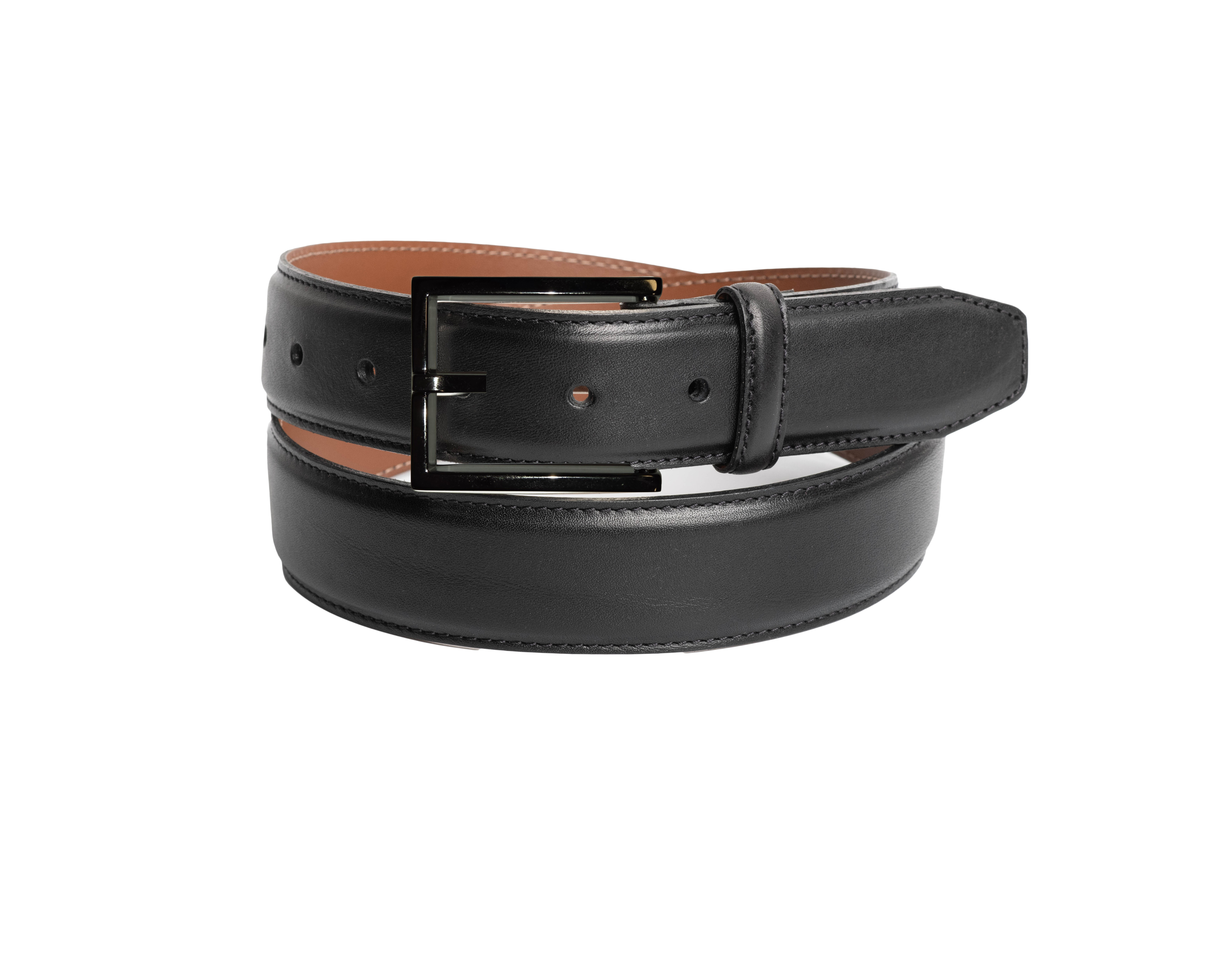 A black leather belt with a silver-toned rectangular buckle and a tan interior lining, coiled on a plain white background.