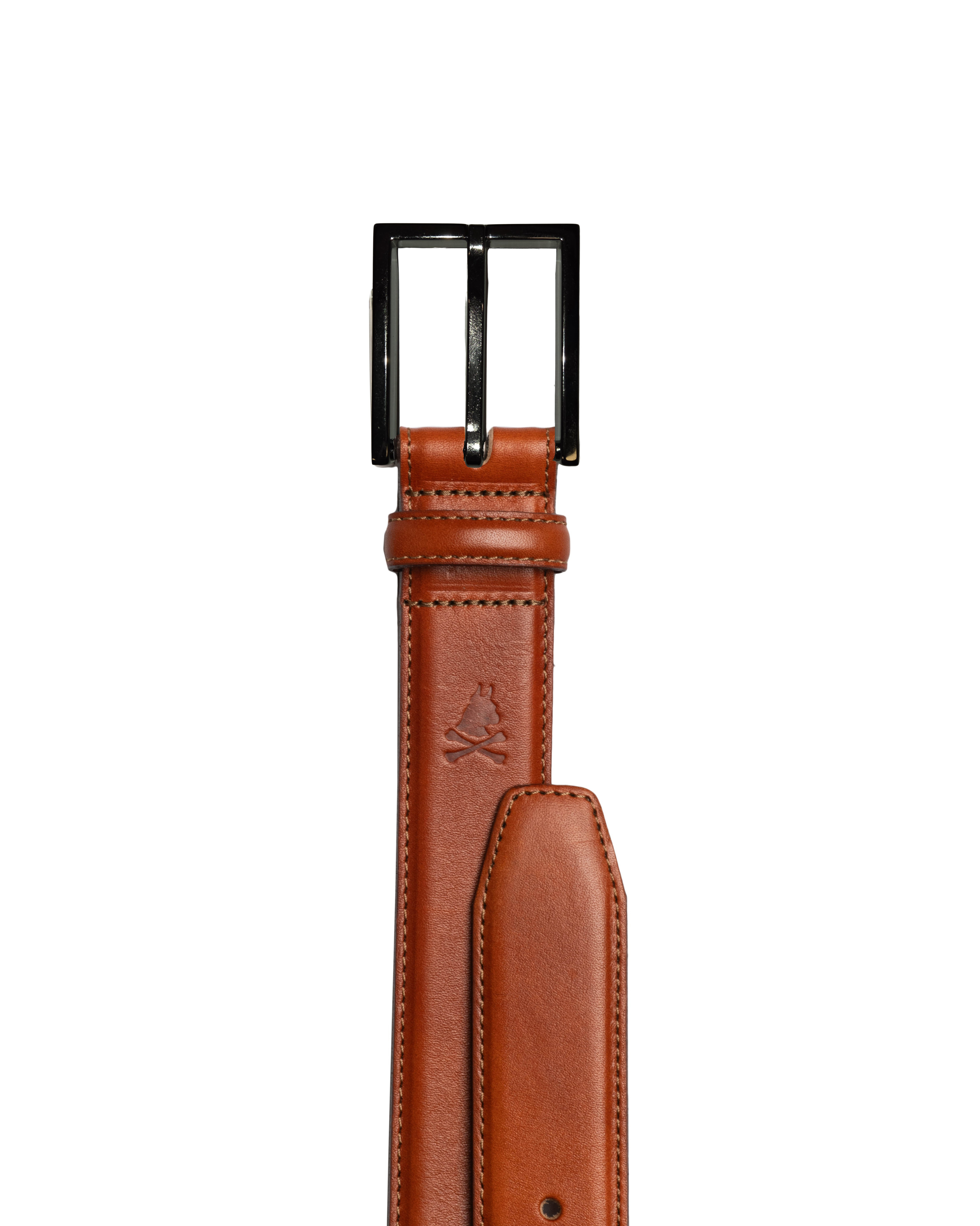 A brown leather belt with a black metal buckle, shown vertically against a plain white background.
