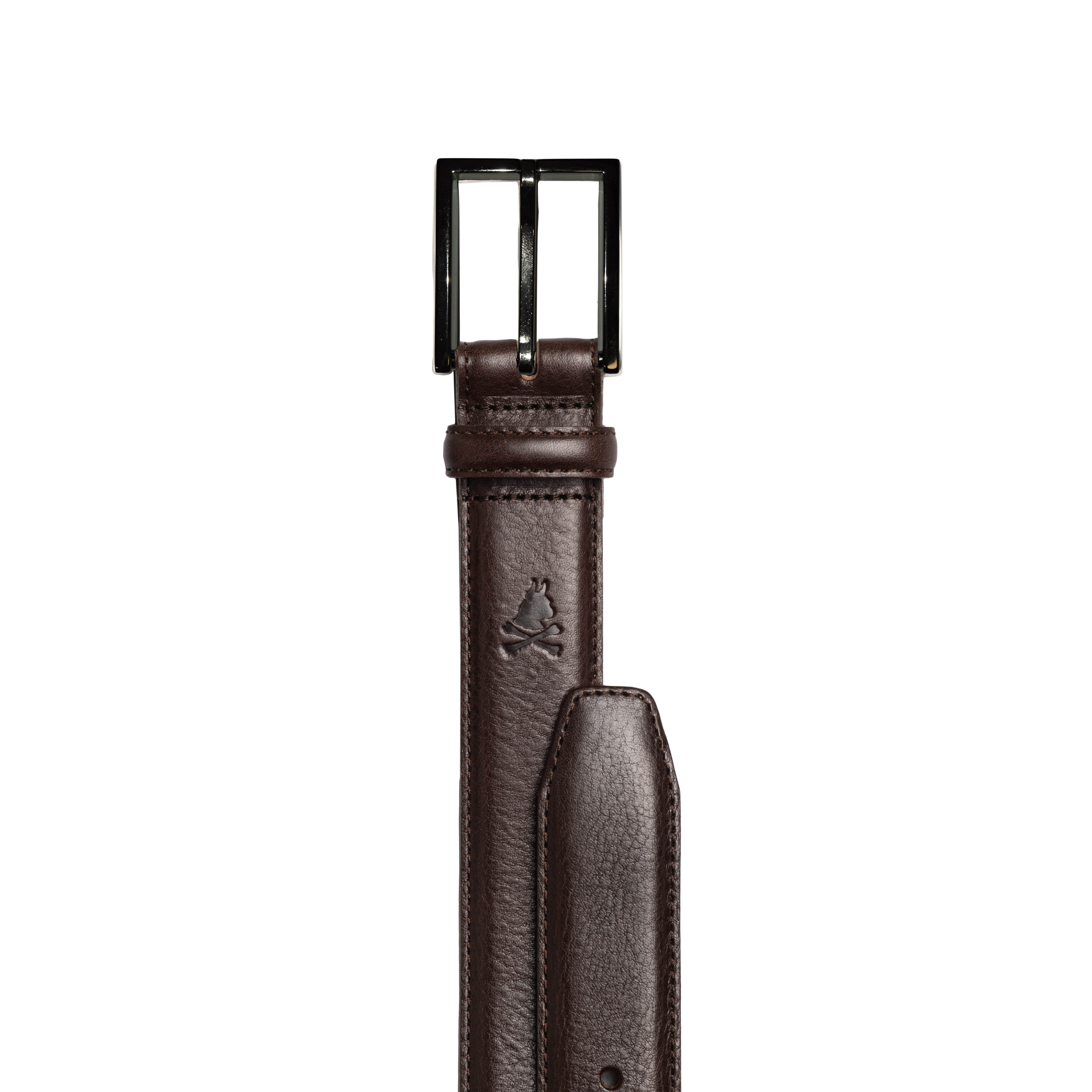 A dark brown leather belt with a black metal buckle, shown vertically against a plain white background. The belt features an embossed logo on the side and a matching black belt clip.