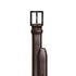 A dark brown leather belt with a black metal buckle, shown vertically against a plain white background. The belt features an embossed logo on the side and a matching black belt clip.