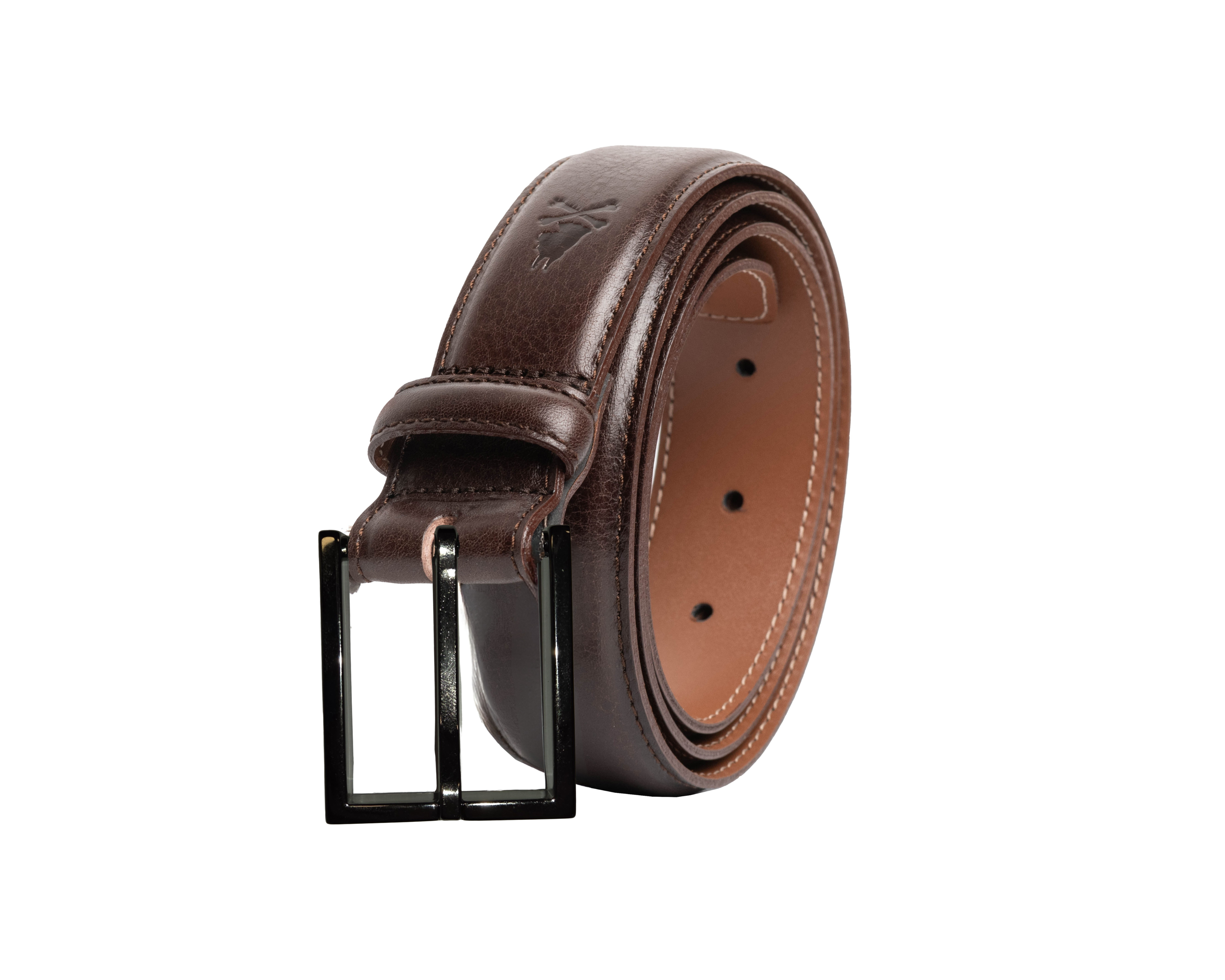 A dark brown leather belt with a black metal buckle, neatly coiled on a solid white background.