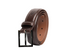 A dark brown leather belt with a black metal buckle, neatly coiled on a solid white background.