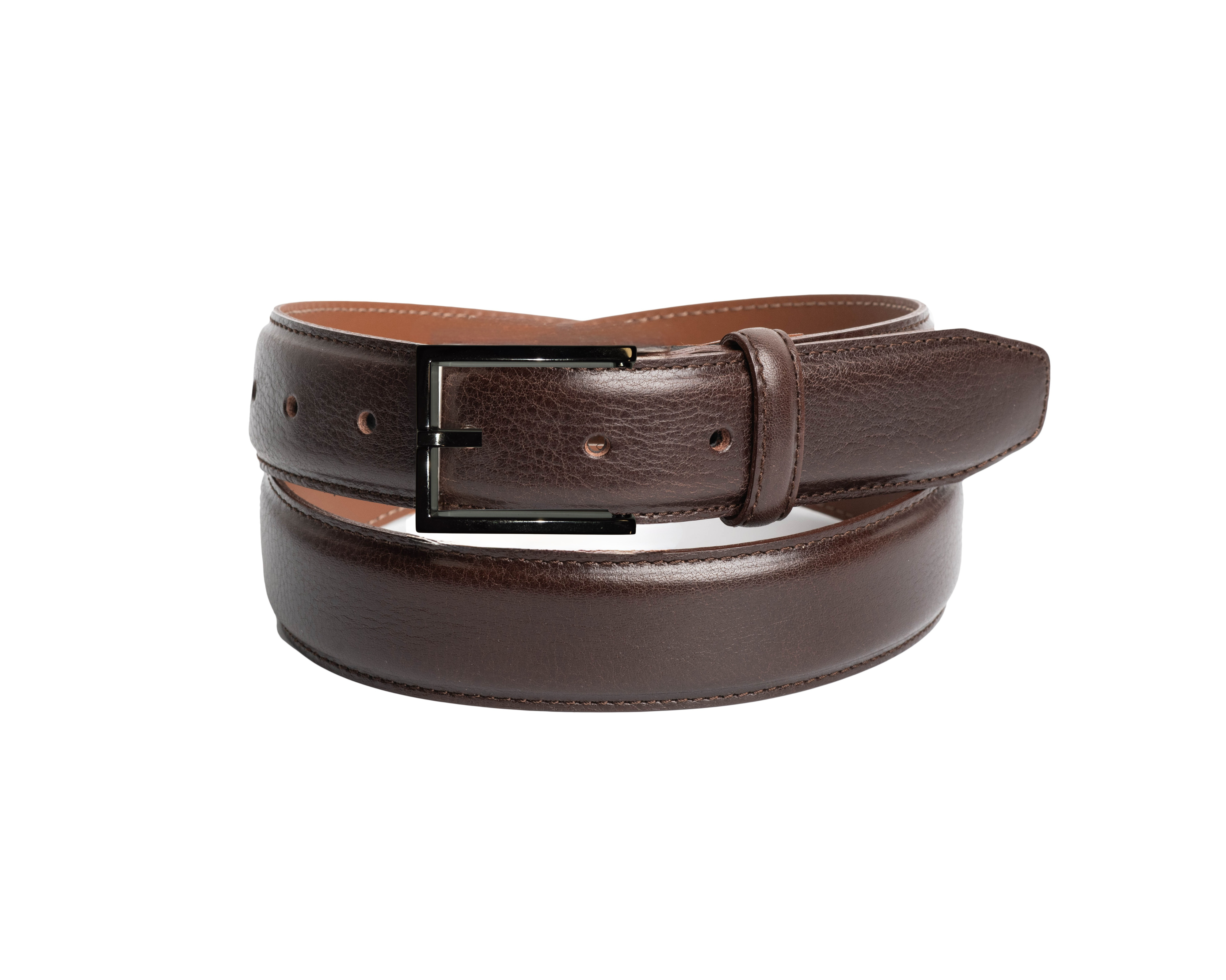 A dark brown textured leather belt with a black metal buckle, neatly coiled on a solid white background.
