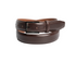 A dark brown textured leather belt with a black metal buckle, neatly coiled on a solid white background.