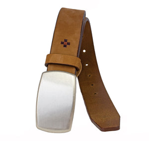 Classic Italian Nubuk Leather Belt with Antique Finish Plaque Buckle
