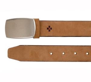 Classic Italian Nubuck Leather Belt with Antique Finish Plaque Buckle