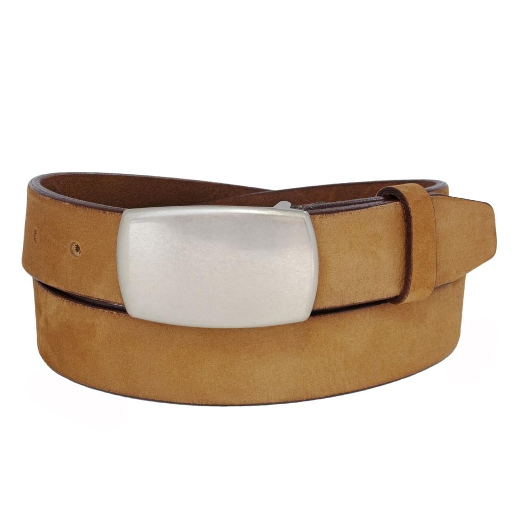 Classic Italian Nubuck Leather Belt with Antique Finish Plaque Buckle