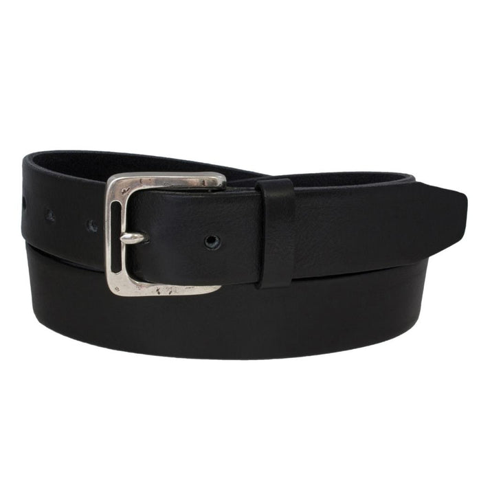 Ceinture en cuir italien à grain rétréci avec boucle découpée en argent martelé