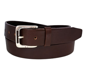 Ceinture en cuir italien à grain rétréci avec boucle découpée en argent martelé