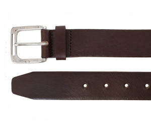 Ceinture en cuir italien à grain rétréci avec boucle découpée en argent martelé